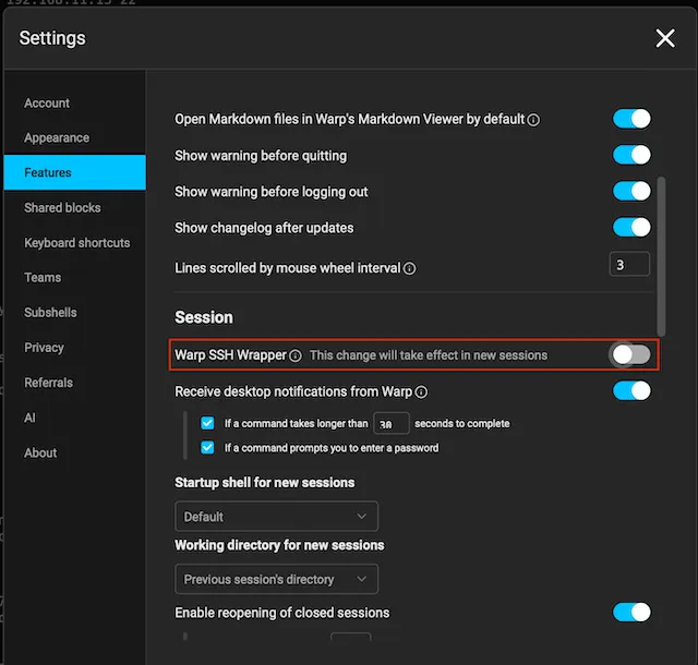 WarpのSSH Wrapperを無効化する